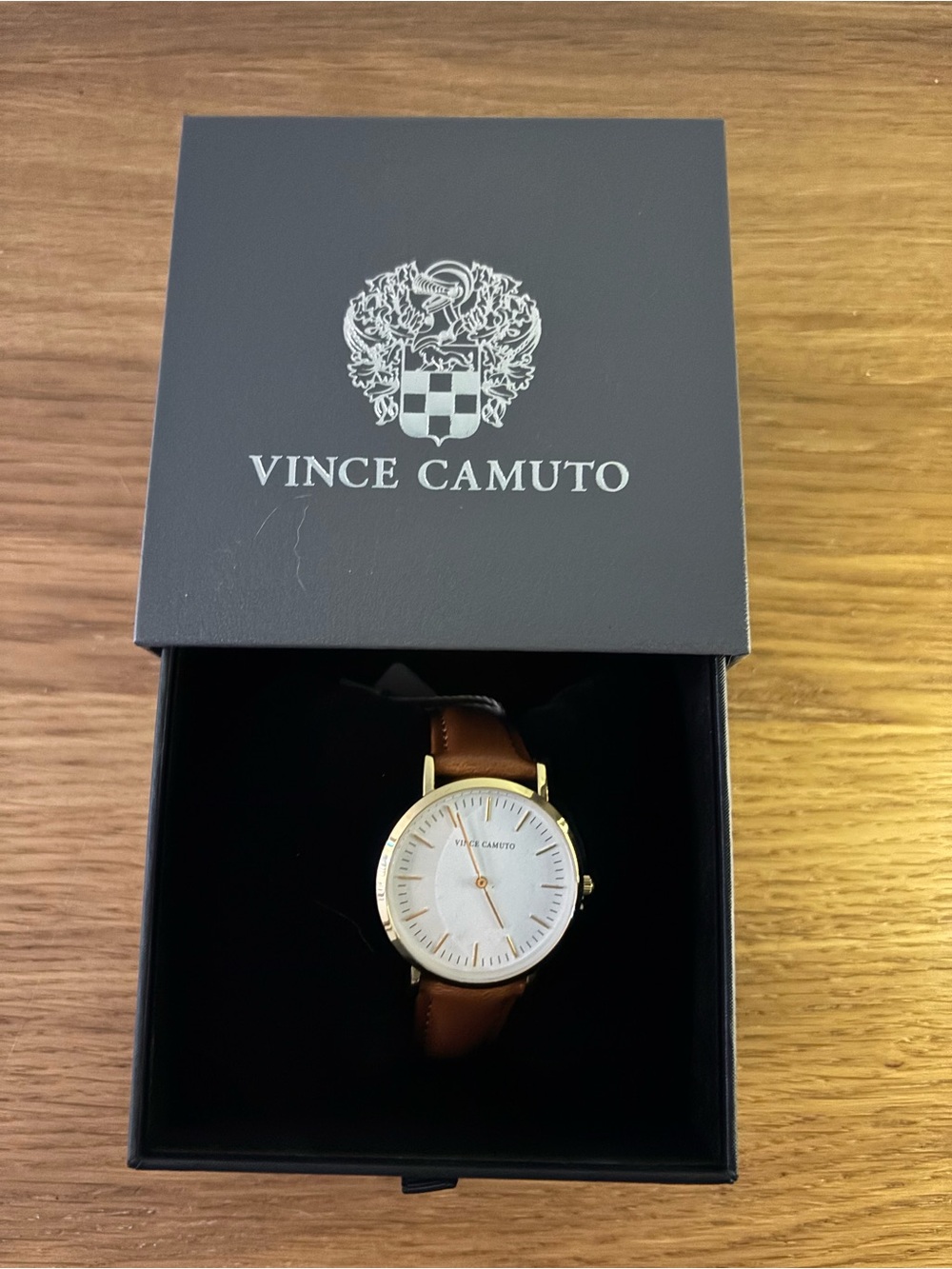 Vince Camuto gold-tone analog watch white dial and brown leather strap new